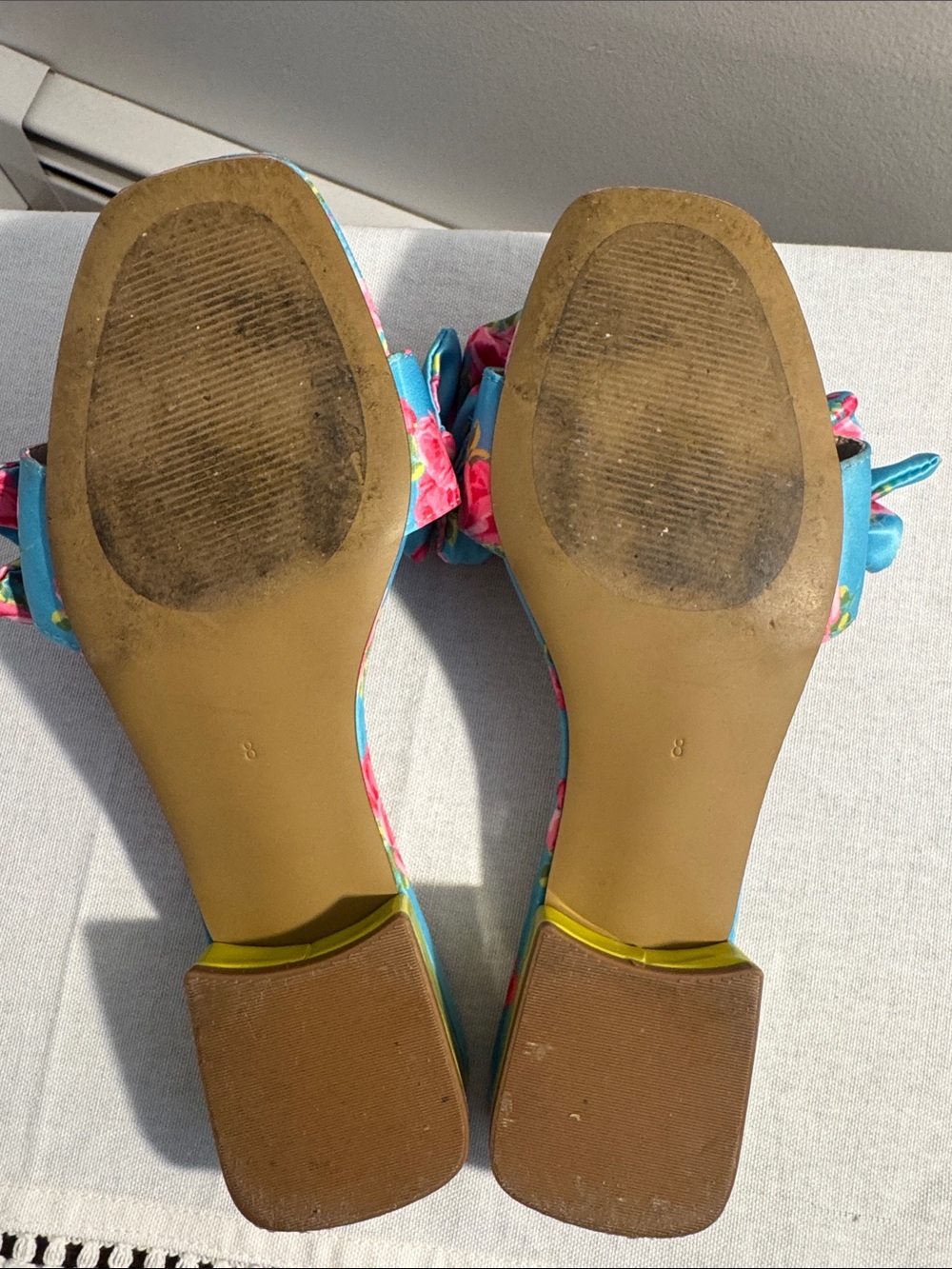 Betsey Johnson Turquoise Floral Ruffle Slide Mules with Lime Green Heel Size 8 - Picture 5 of 6